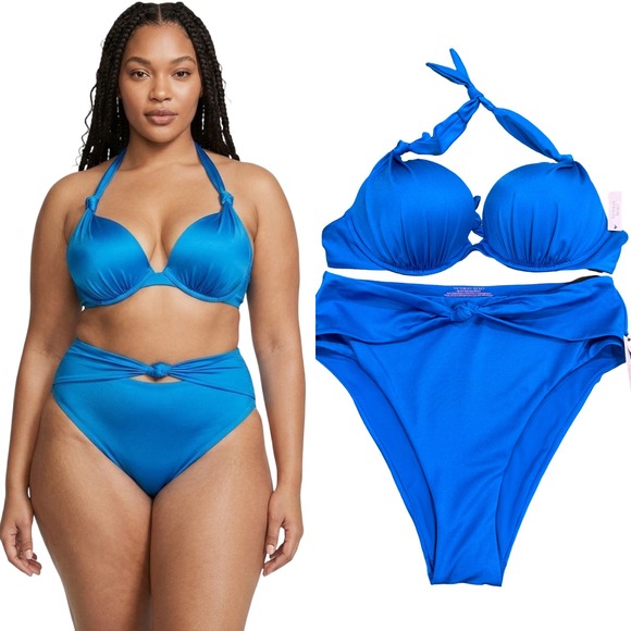 Victoria's Secret Other - Victoria's Secret Swim Bikini‎ Set Top Bottom Large Blue 36D Push Up Cheeky NEW